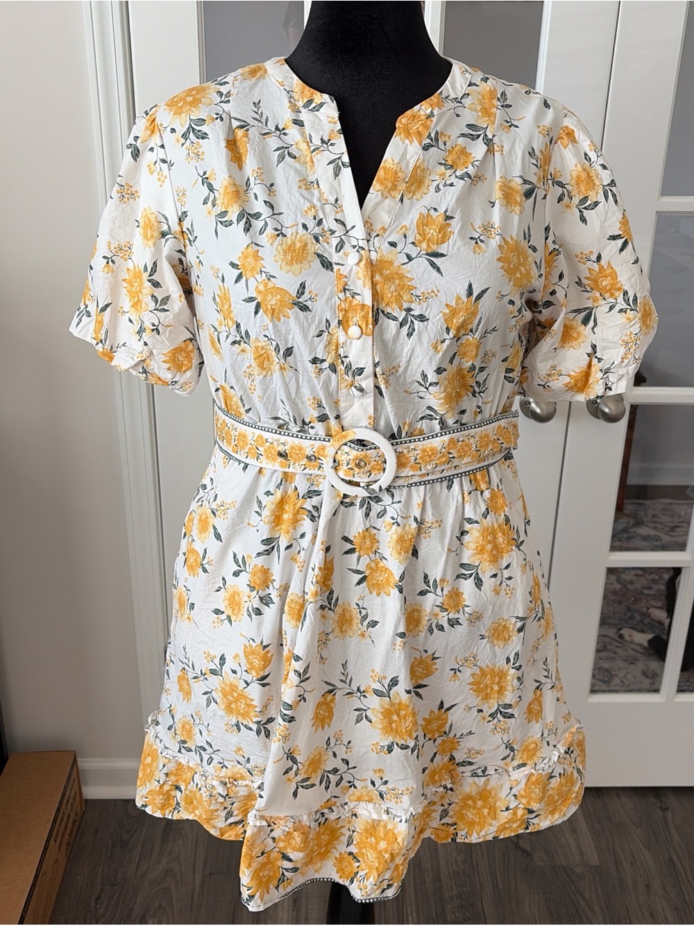 Joie White Mini Dress with Yellow Floral Print and Belt